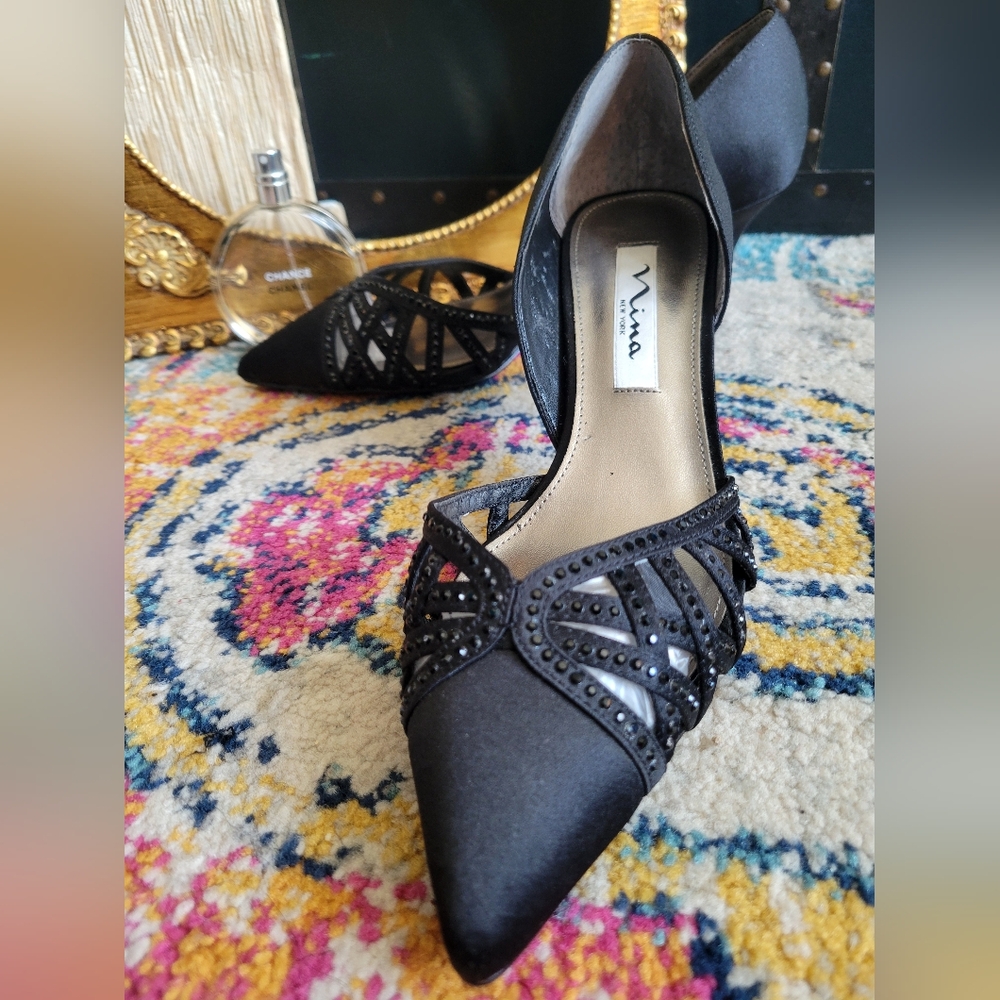 Nina Black Satin d'Orsay Heels with Rhinestone Detailing